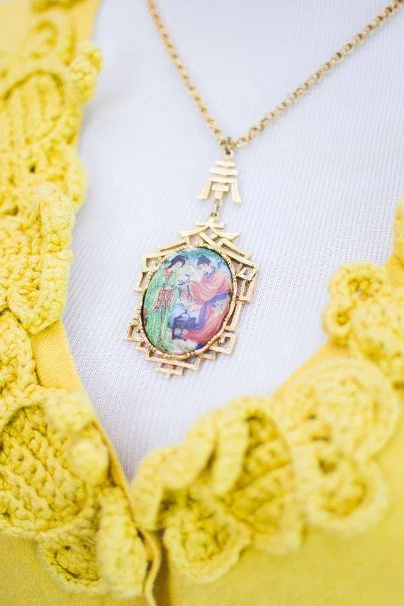 Vintage 1960s Asian Garden Scene Necklace with Geisha, Statement Necklace, Long Pendant