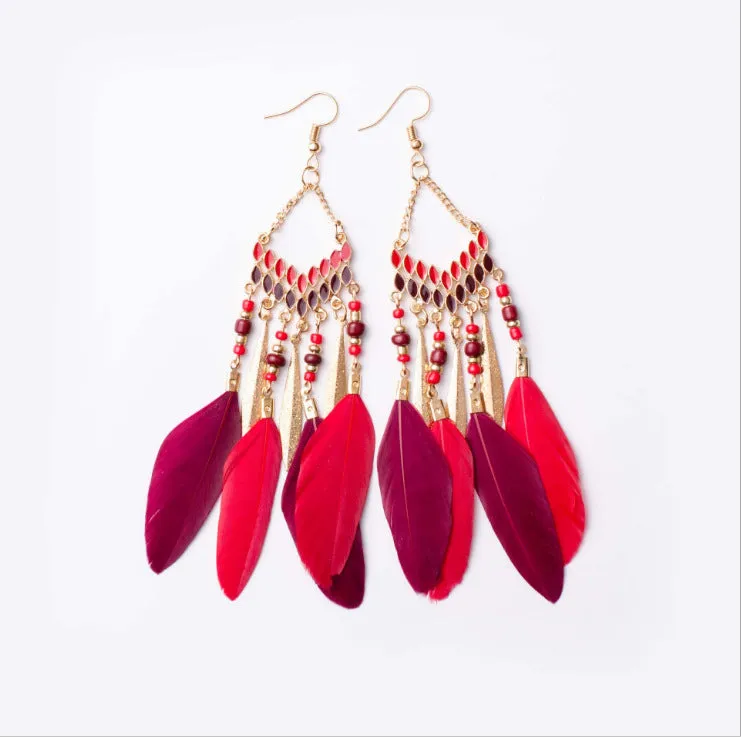 Vintage chain tassel bohemian feather earrings