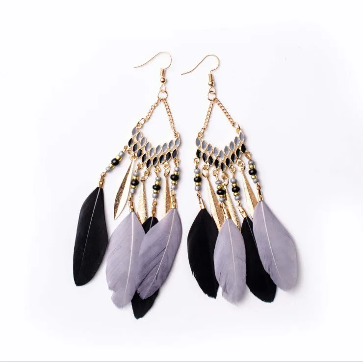 Vintage chain tassel bohemian feather earrings