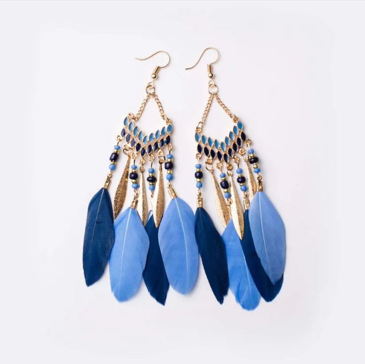 Vintage chain tassel bohemian feather earrings