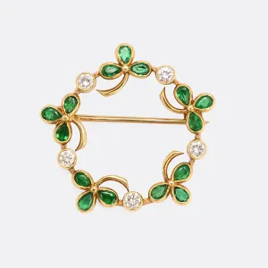 Vintage Emerald & Diamond Clover Wreath Brooch