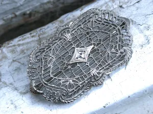 Vintage Filigree Diamond Pin/ Brooch in 10K White Gold.