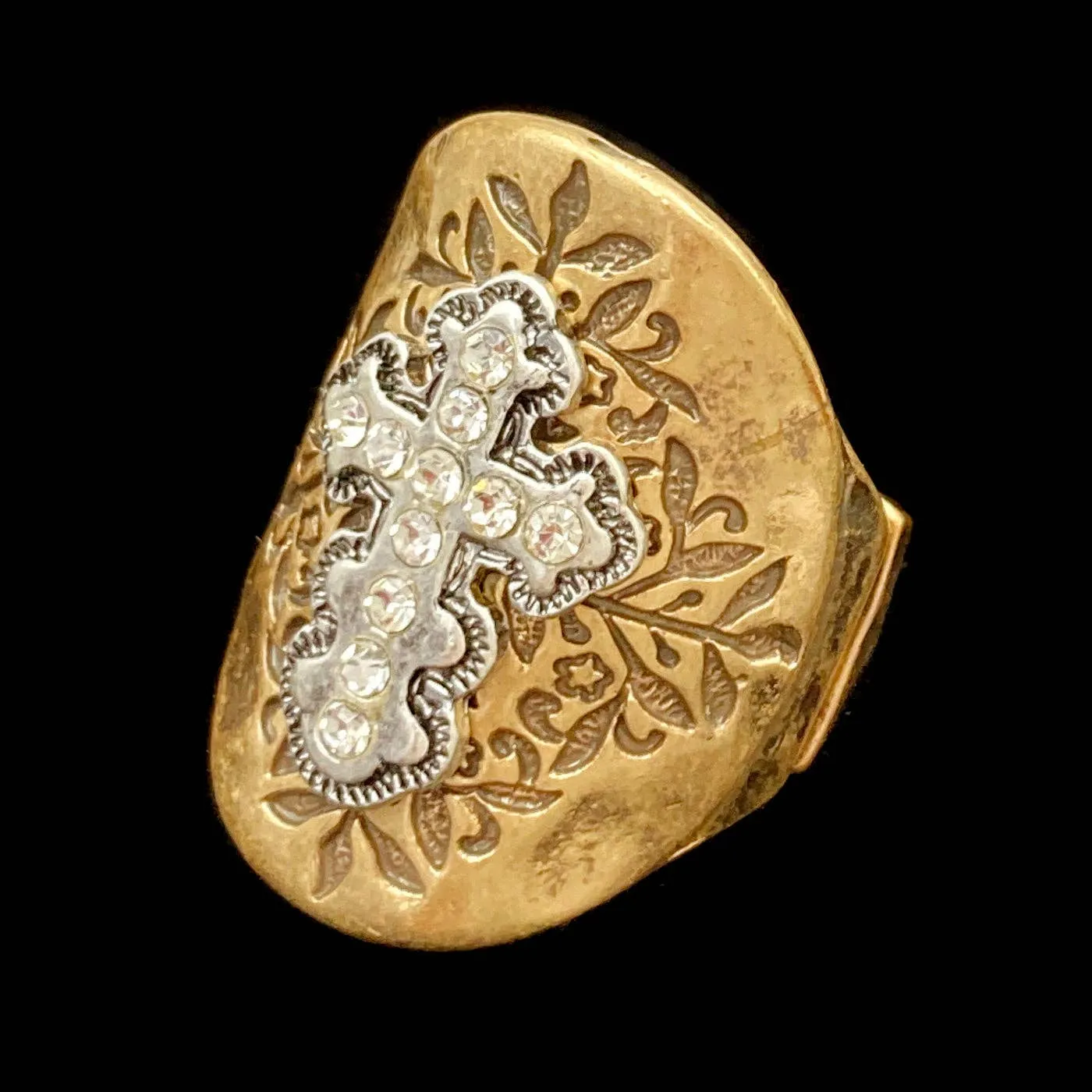 Western Cross Filigree Rhinestone Stretch Ring: Silver