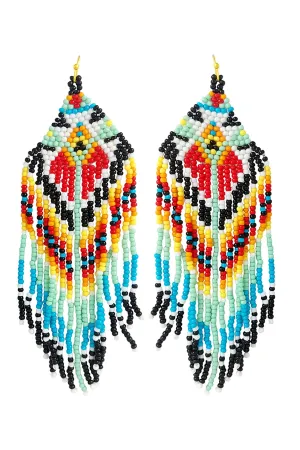 WESTERN STYLE AZTEC SEED BEAD FRINGE DROP EARRINGS