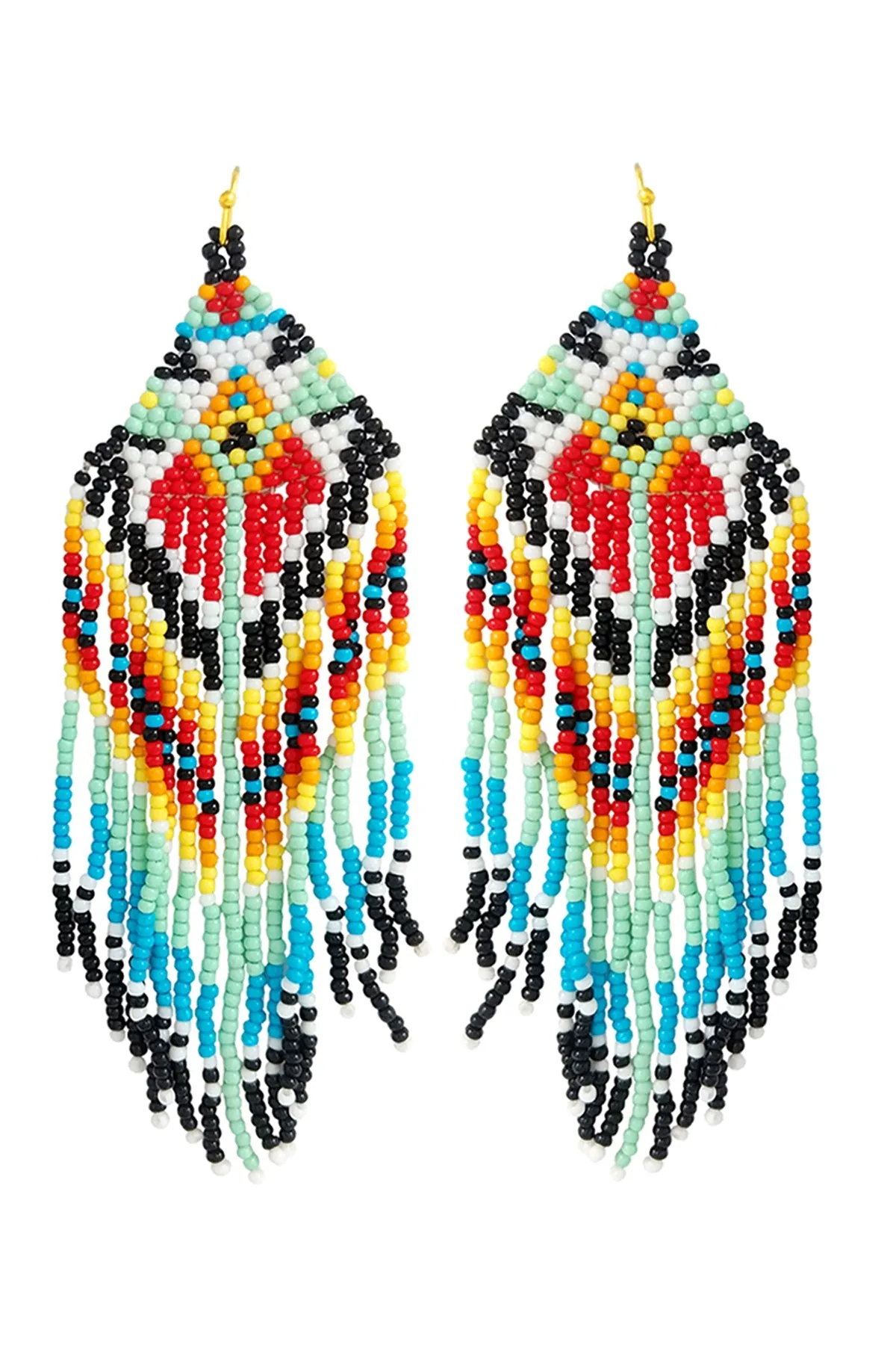 WESTERN STYLE AZTEC SEED BEAD FRINGE DROP EARRINGS