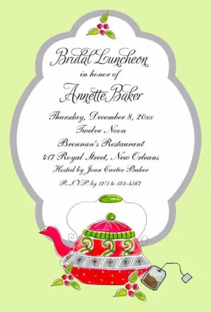 WHIMSICAL HOLLY TEAPOT CUSTOM INVITATION