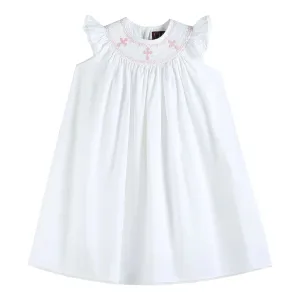 WHITE AND PINK CROSS SMOCKED ANGEL SLEEVE BISHOP DRESS