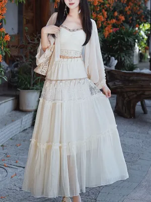 White Bohemian Rhapsody Retro Suspender Top Tassel Skirt 1970S Vintage Set