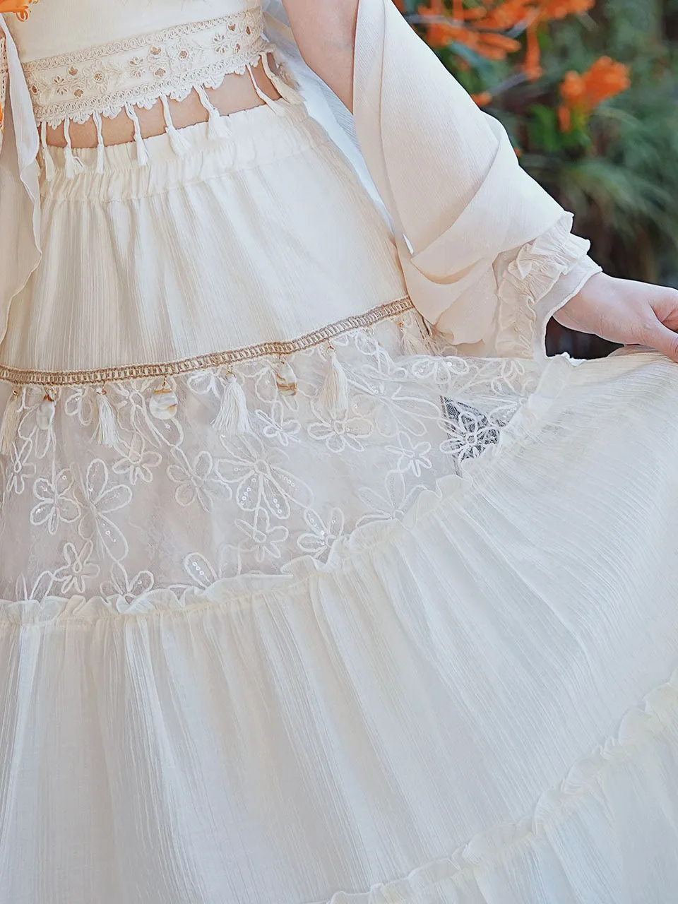 White Bohemian Rhapsody Retro Suspender Top Tassel Skirt 1970S Vintage Set