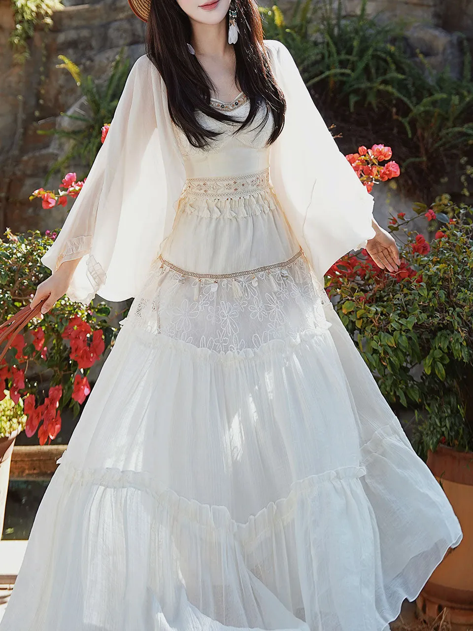White Bohemian Rhapsody Retro Suspender Top Tassel Skirt 1970S Vintage Set