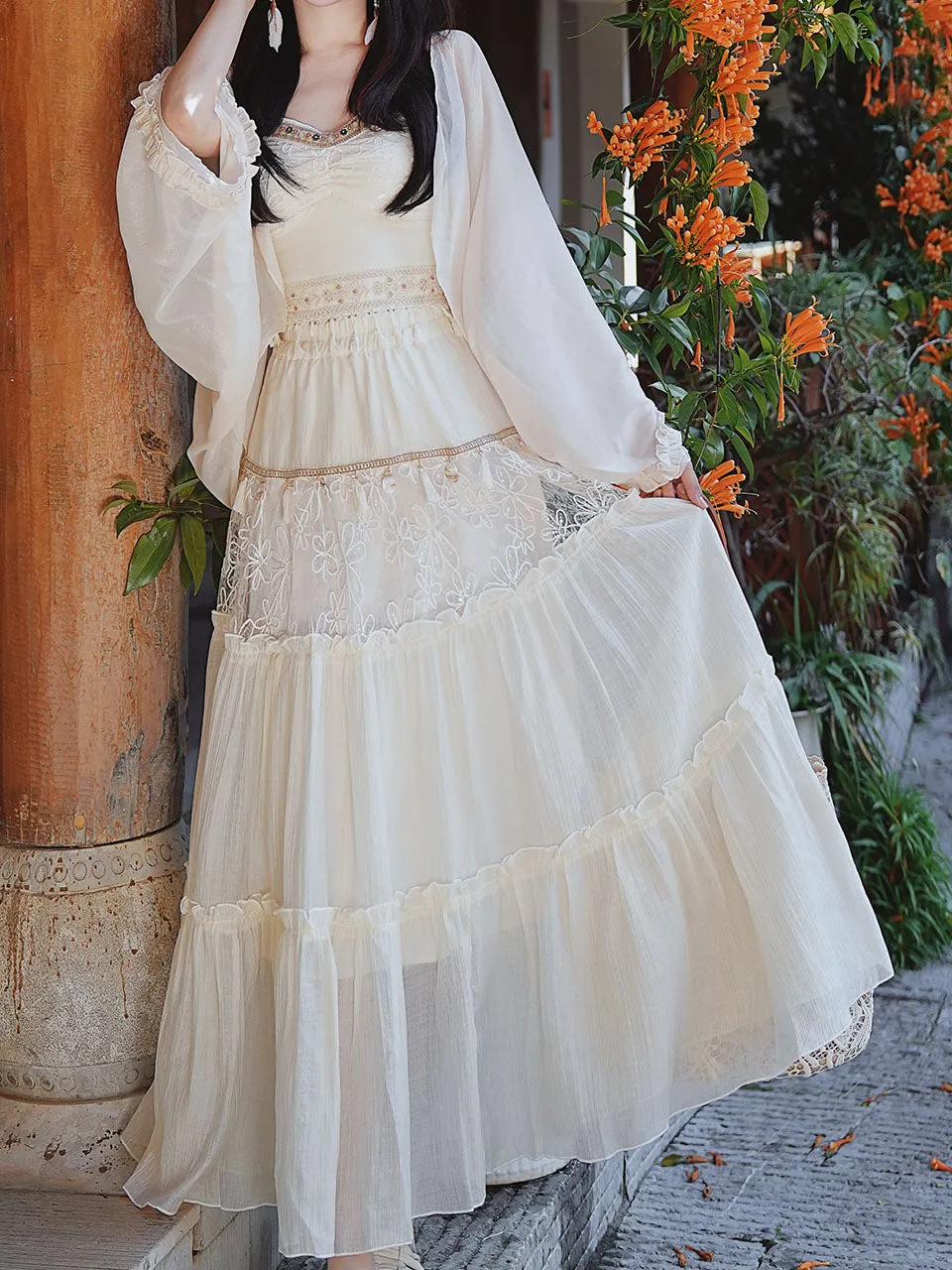 White Bohemian Rhapsody Retro Suspender Top Tassel Skirt 1970S Vintage Set
