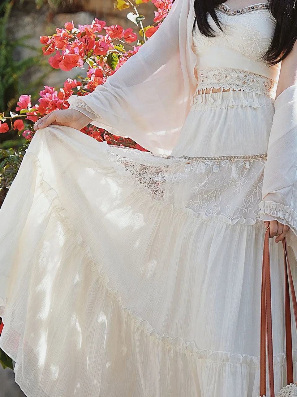 White Bohemian Rhapsody Retro Suspender Top Tassel Skirt 1970S Vintage Set