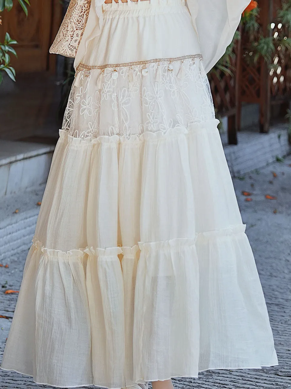 White Bohemian Rhapsody Retro Suspender Top Tassel Skirt 1970S Vintage Set