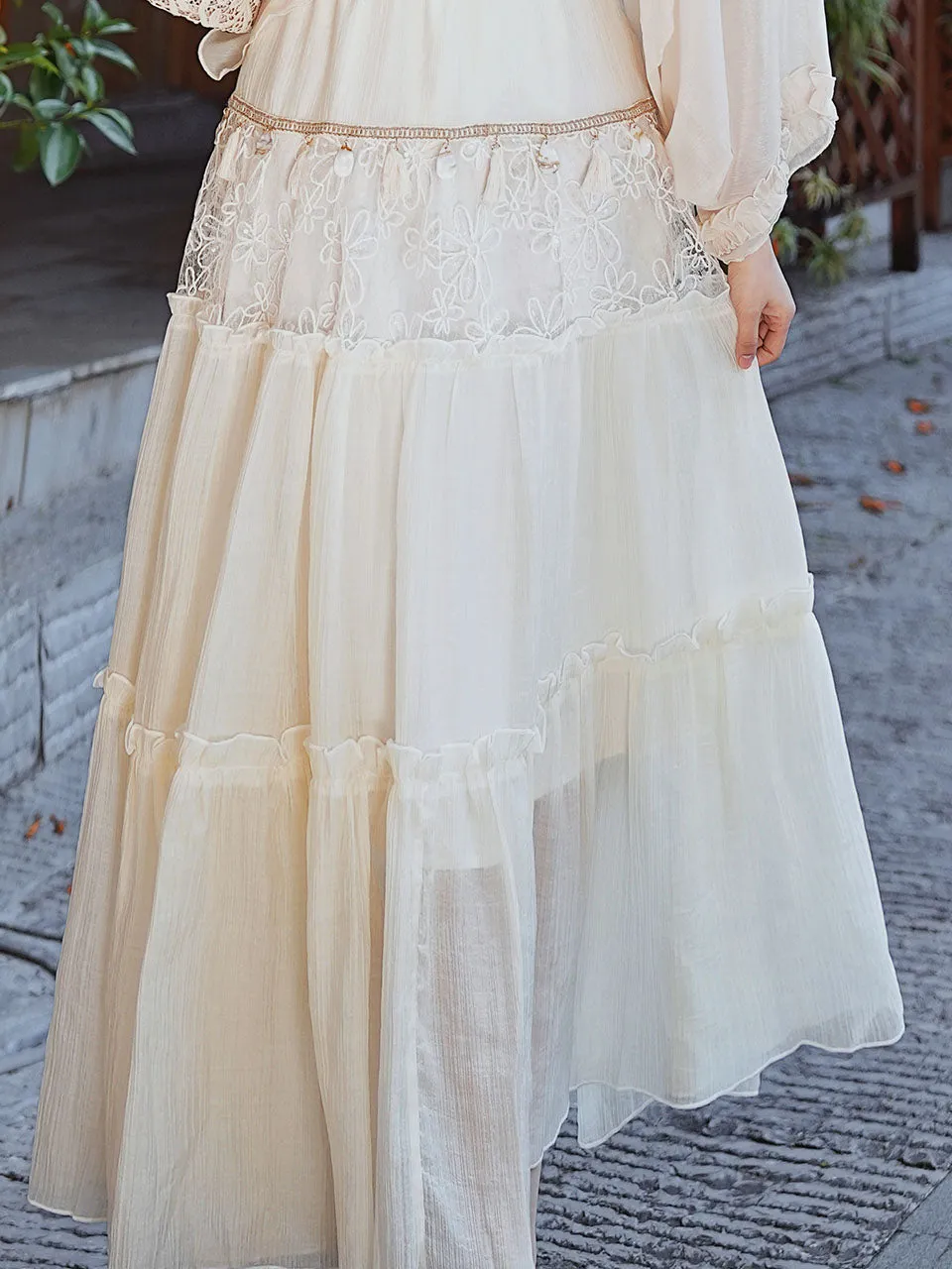 White Bohemian Rhapsody Retro Suspender Top Tassel Skirt 1970S Vintage Set