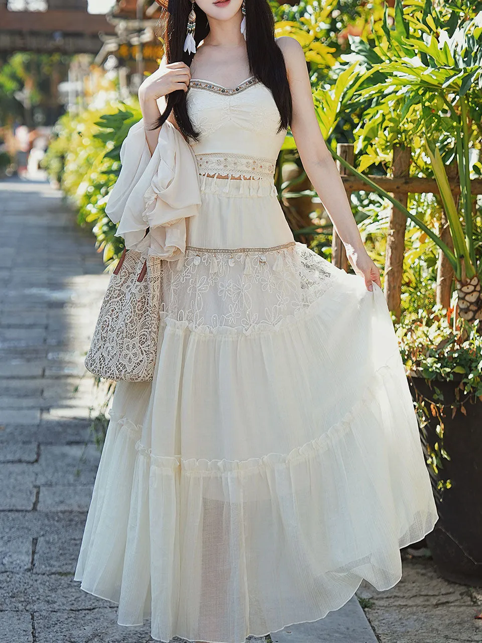 White Bohemian Rhapsody Retro Suspender Top Tassel Skirt 1970S Vintage Set