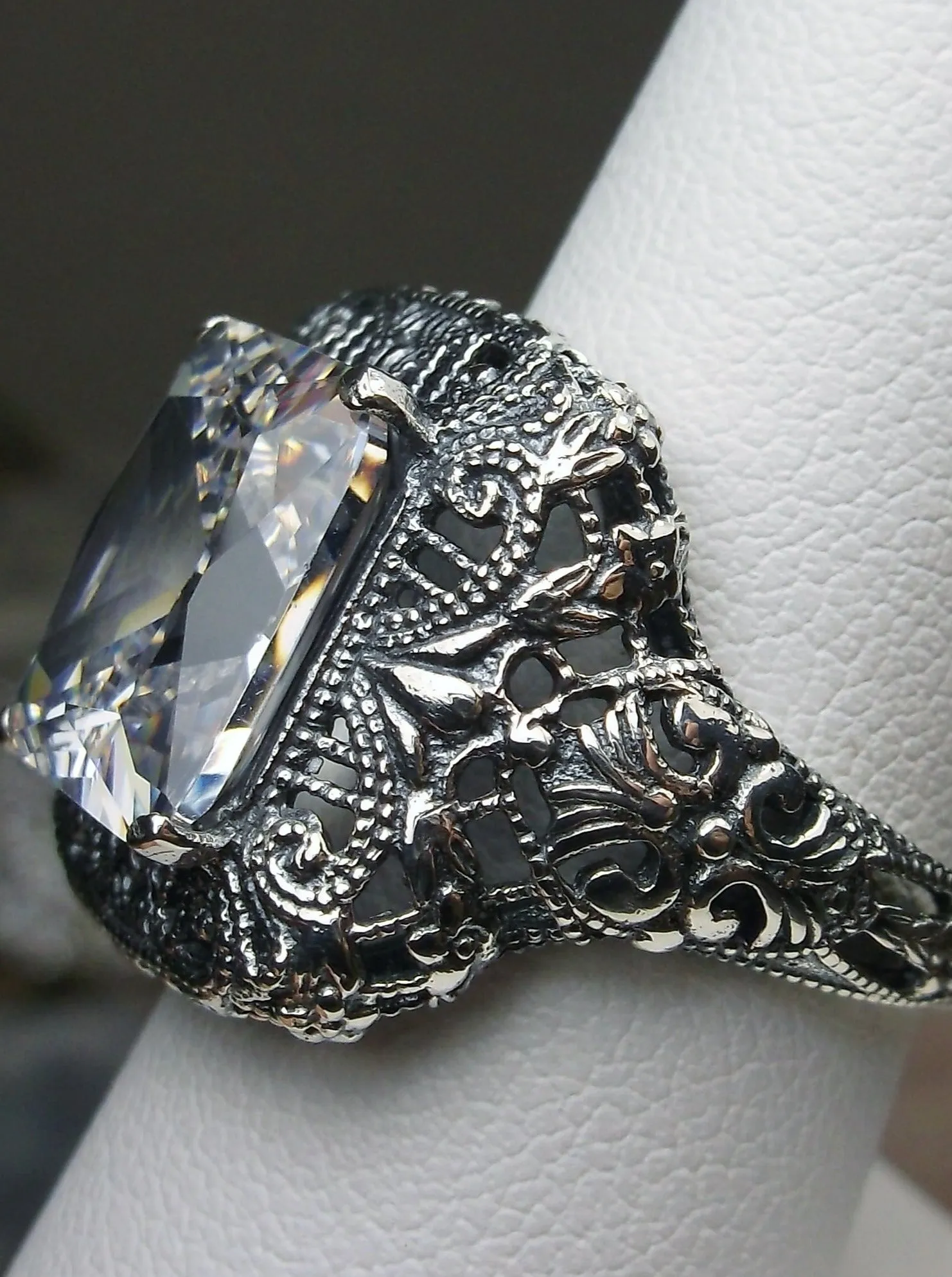 White Cubic Zirconia (CZ) Ring, Intricate Victorian Jewelry #D149