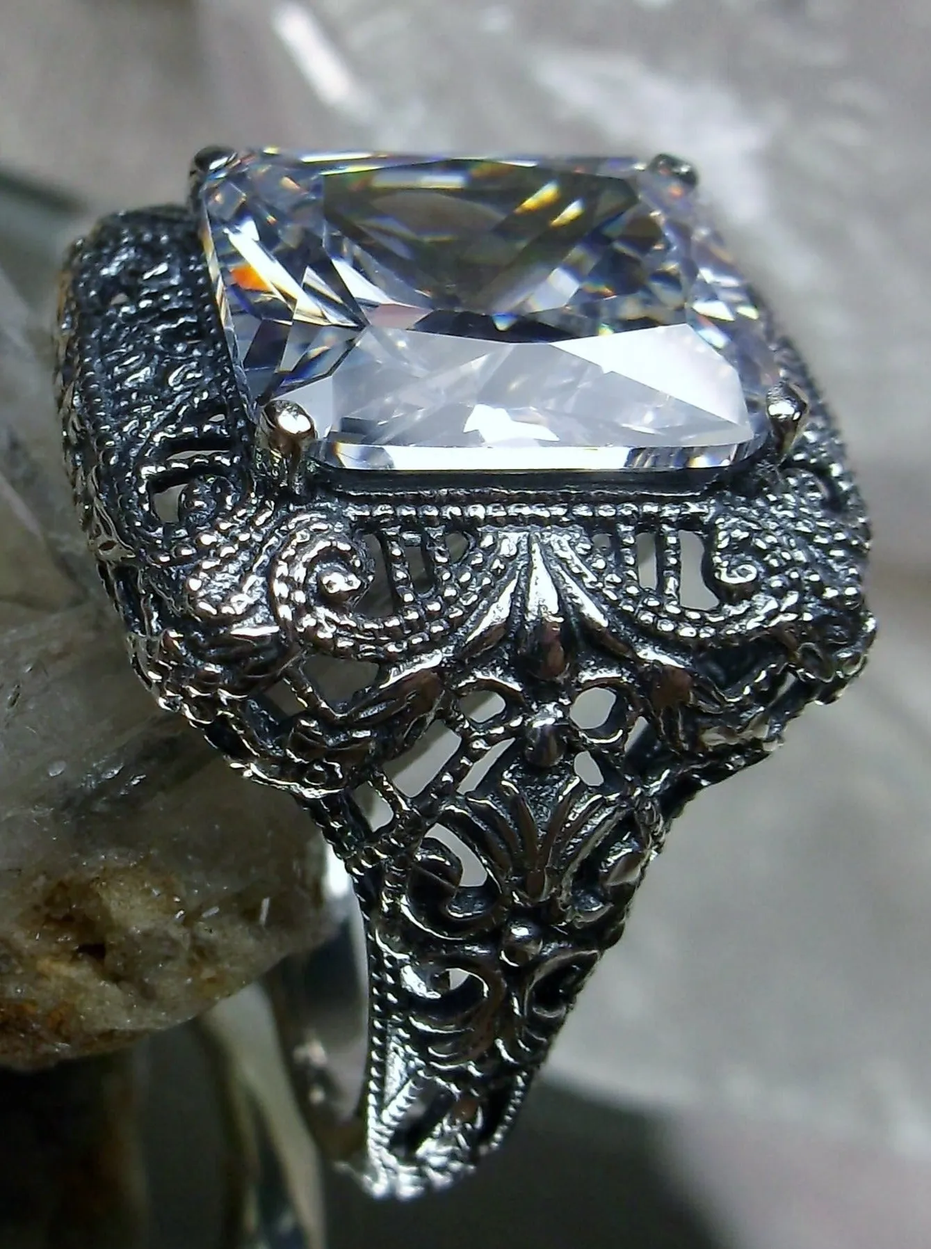 White Cubic Zirconia (CZ) Ring, Intricate Victorian Jewelry #D149