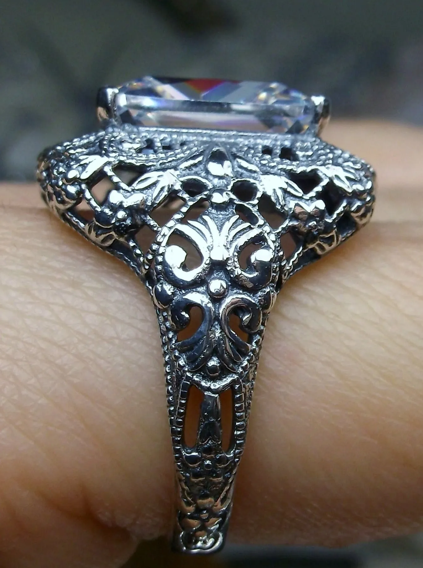 White Cubic Zirconia (CZ) Ring, Intricate Victorian Jewelry #D149