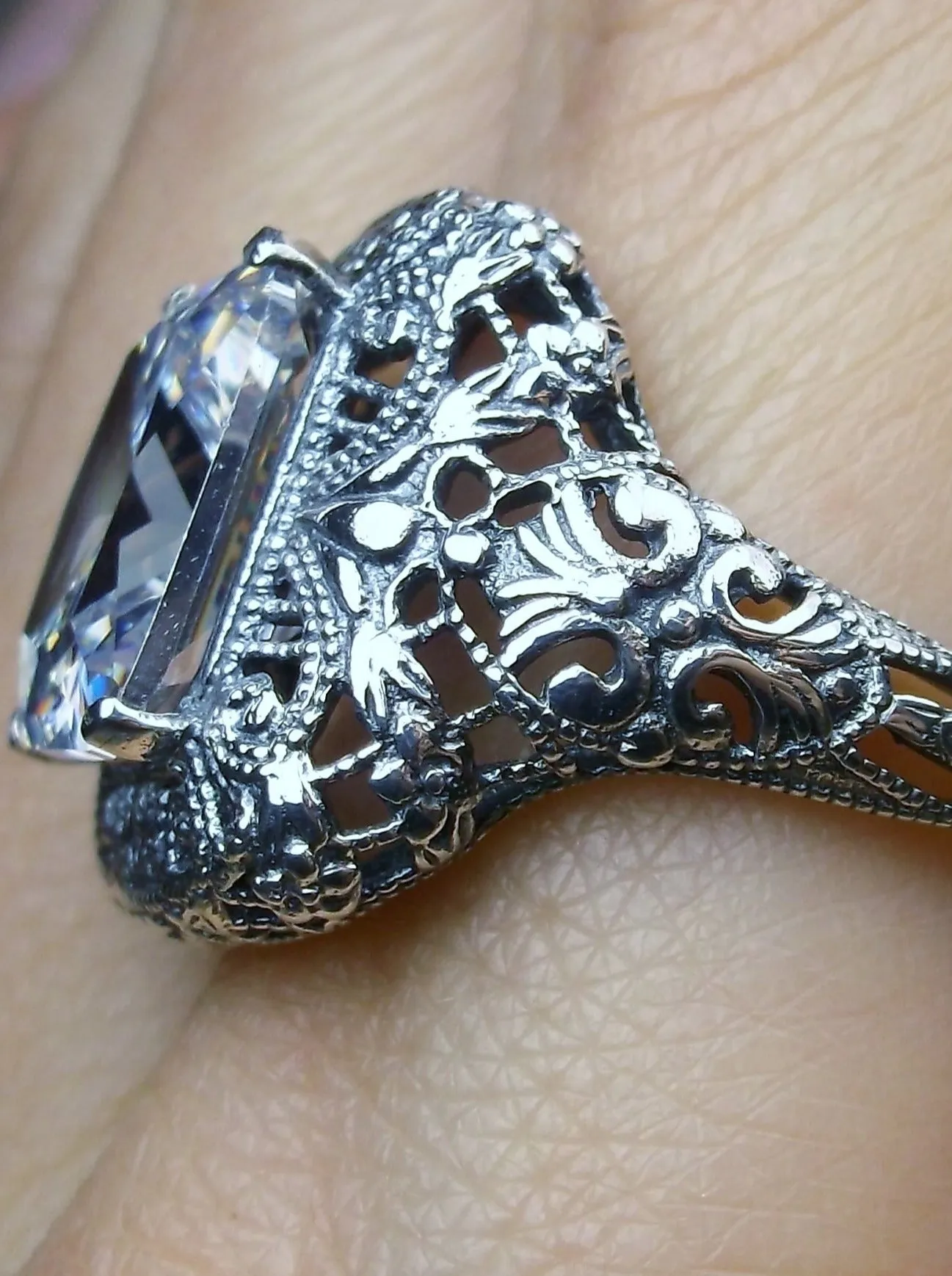 White Cubic Zirconia (CZ) Ring, Intricate Victorian Jewelry #D149