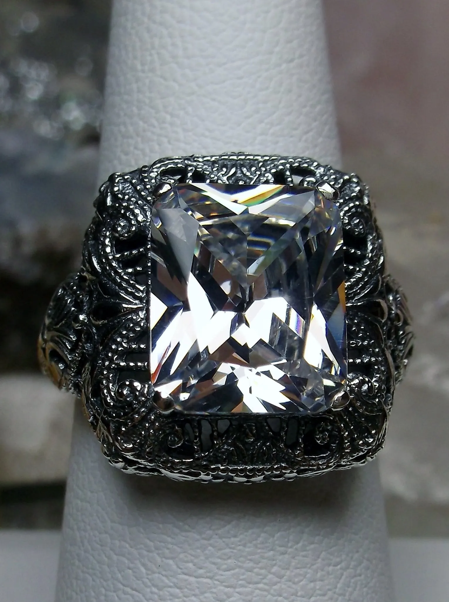 White Cubic Zirconia (CZ) Ring, Intricate Victorian Jewelry #D149