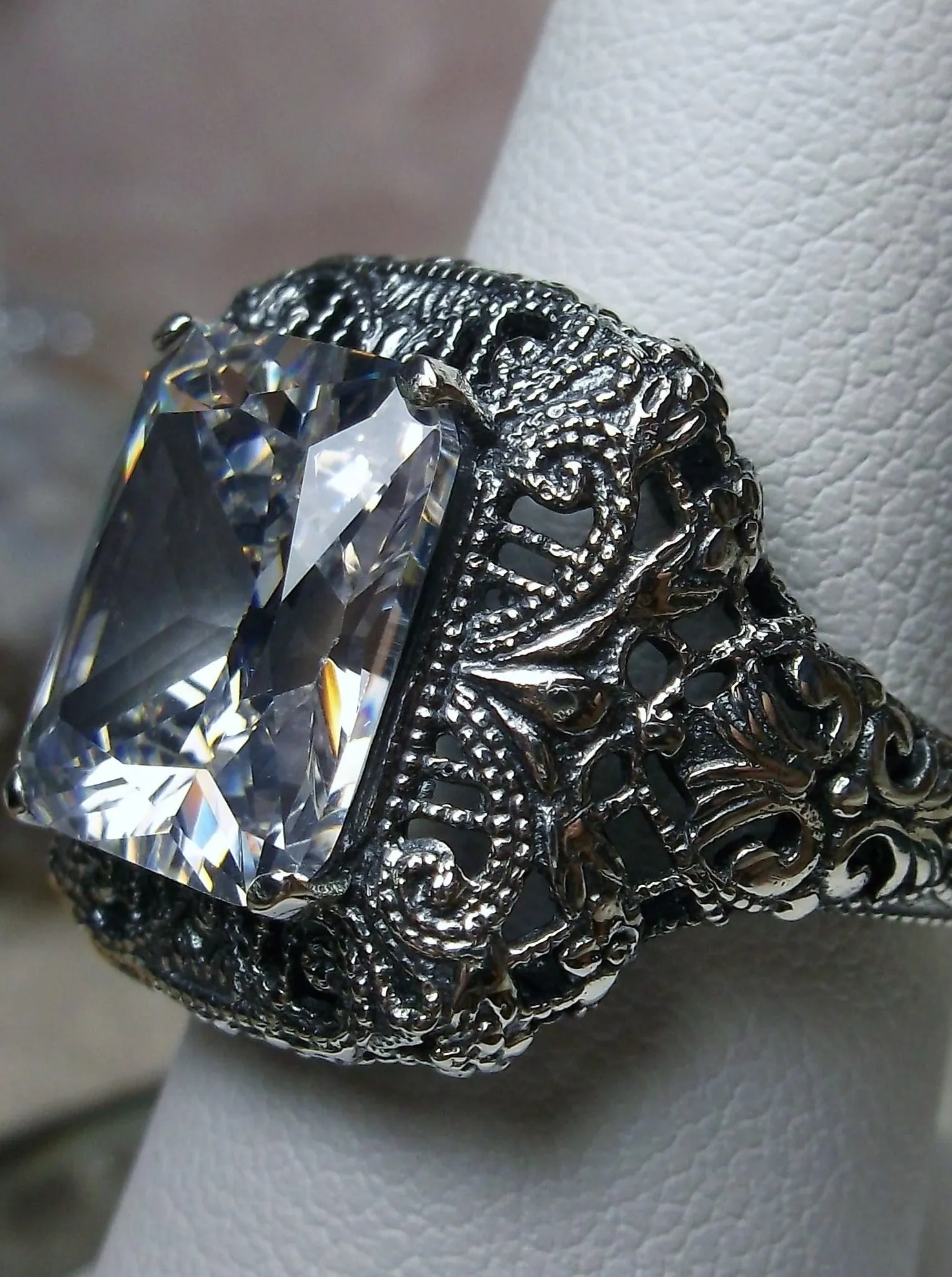 White Cubic Zirconia (CZ) Ring, Intricate Victorian Jewelry #D149