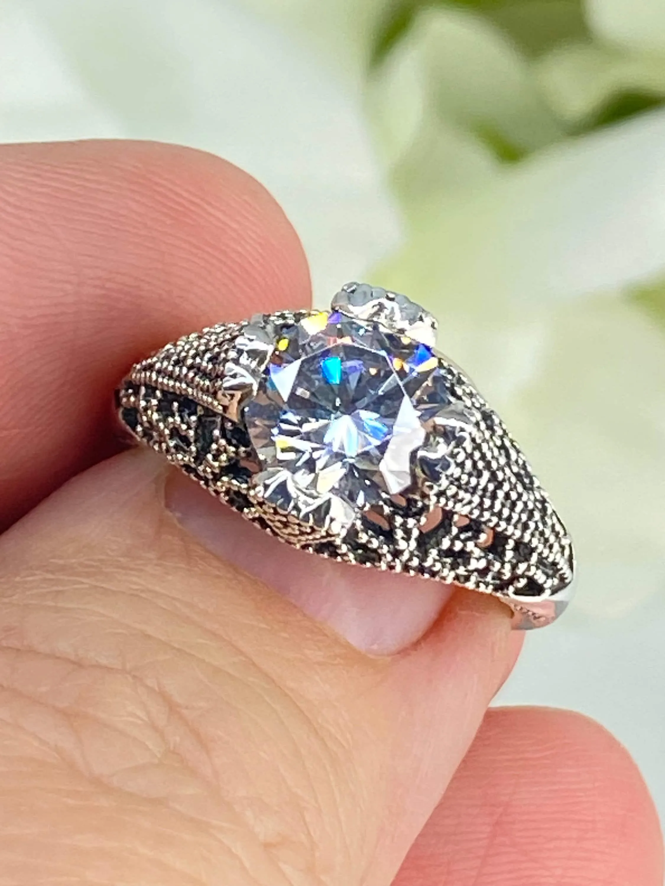 White CZ Ring, Size 7, Classic Silver Filigree Jewelry, D179 - Ready to Ship