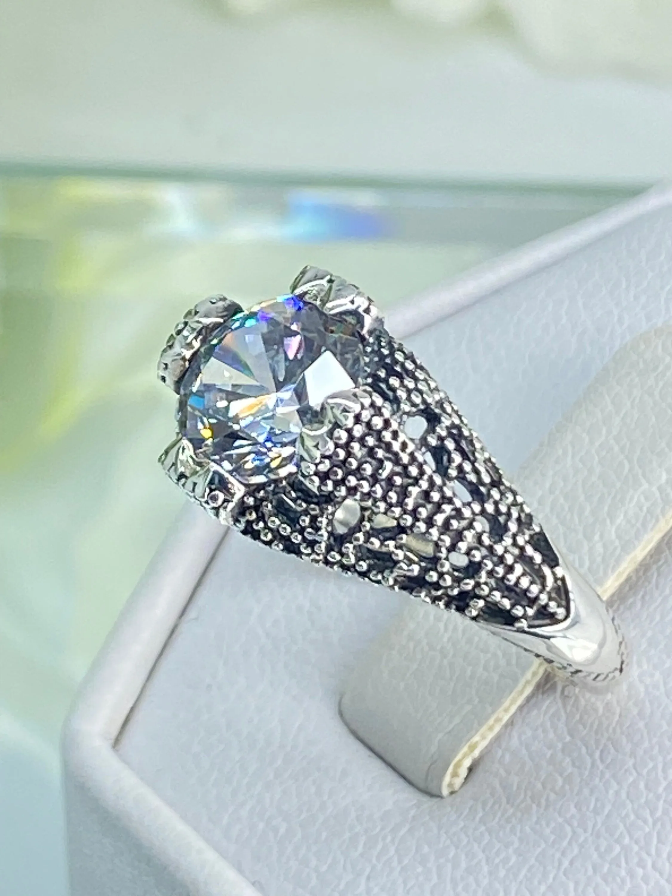 White CZ Ring, Size 7, Classic Silver Filigree Jewelry, D179 - Ready to Ship