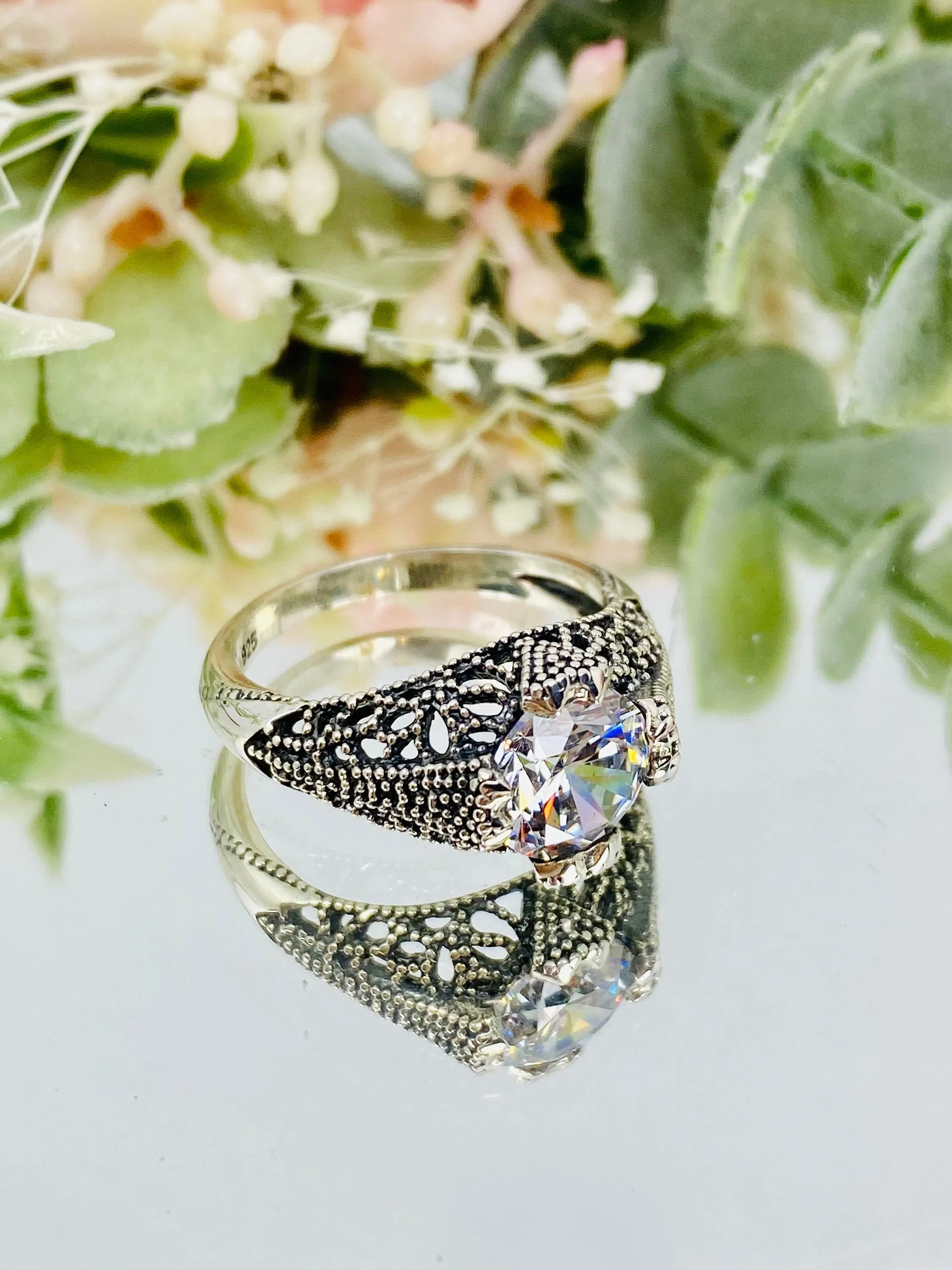 White CZ Ring, Size 7, Classic Silver Filigree Jewelry, D179 - Ready to Ship