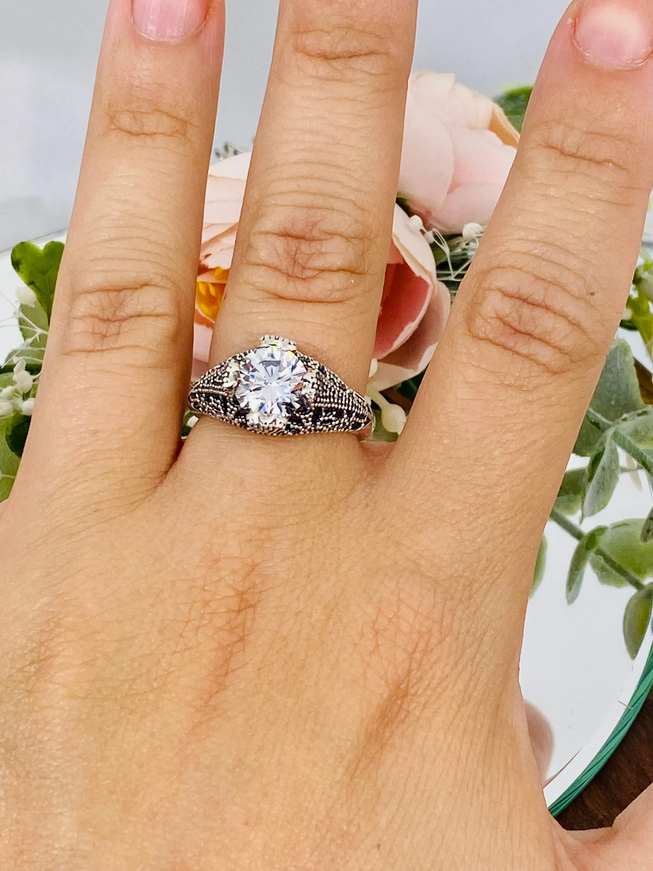 White CZ Ring, Size 7, Classic Silver Filigree Jewelry, D179 - Ready to Ship