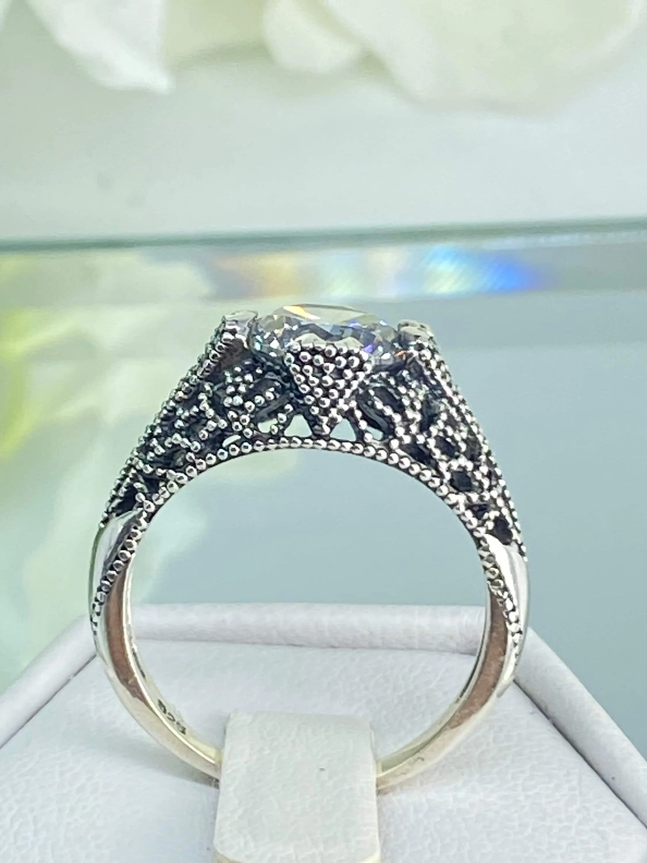 White CZ Ring, Size 7, Classic Silver Filigree Jewelry, D179 - Ready to Ship