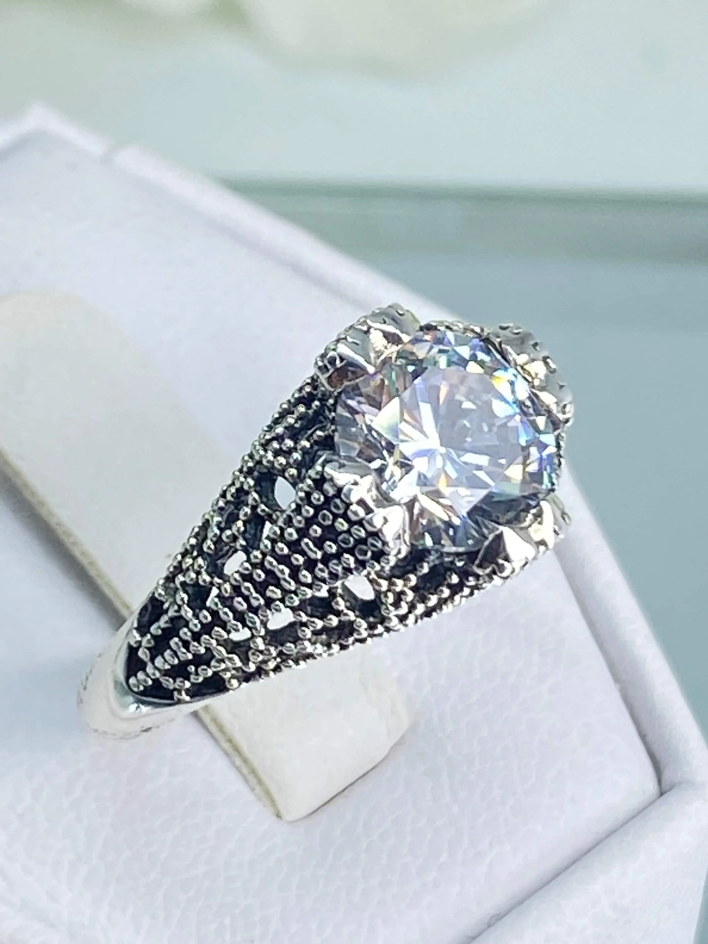 White CZ Ring, Size 7, Classic Silver Filigree Jewelry, D179 - Ready to Ship