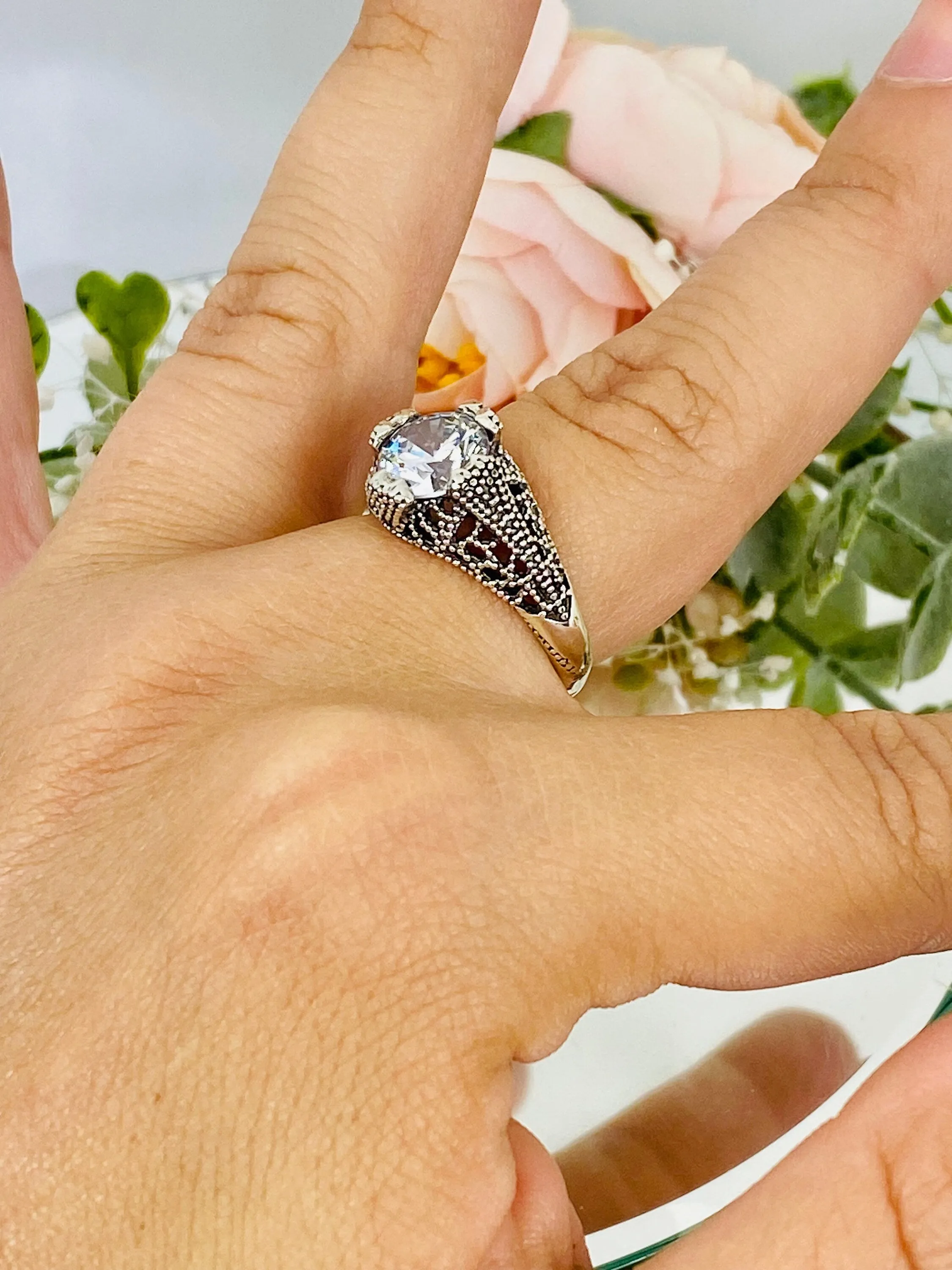 White CZ Ring, Size 7, Classic Silver Filigree Jewelry, D179 - Ready to Ship