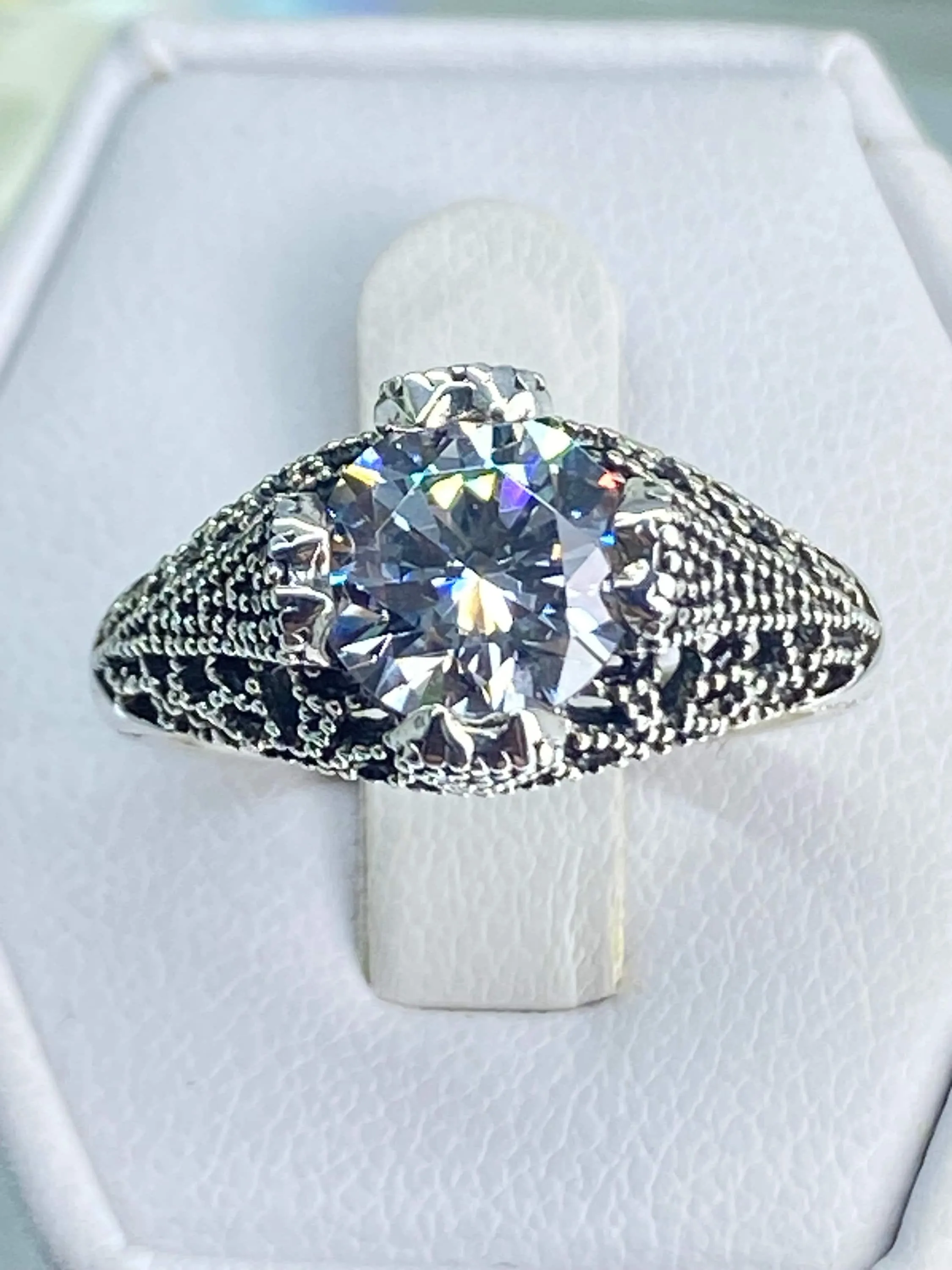 White CZ Ring, Size 7, Classic Silver Filigree Jewelry, D179 - Ready to Ship