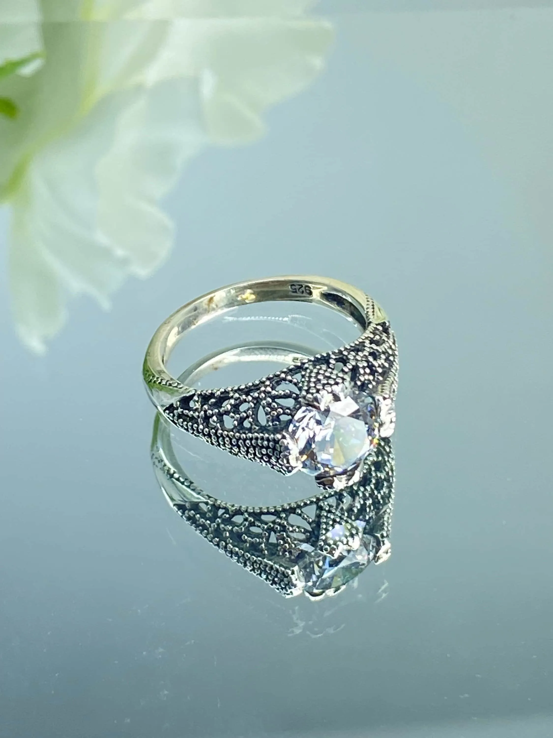 White CZ Ring, Size 7, Classic Silver Filigree Jewelry, D179 - Ready to Ship