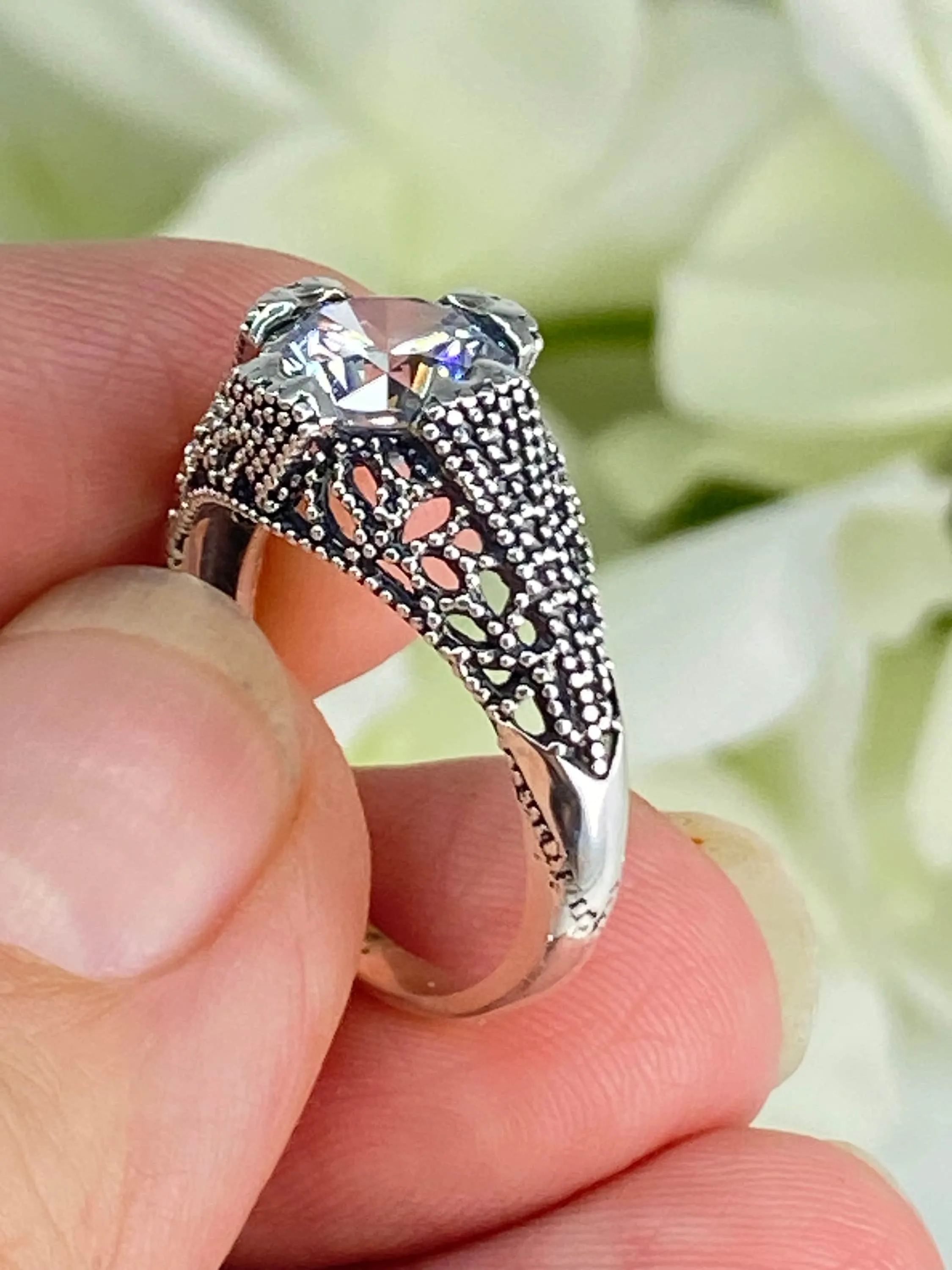 White CZ Ring, Size 7, Classic Silver Filigree Jewelry, D179 - Ready to Ship