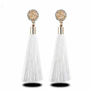White Tassel Fringe Rhinestone Earrings