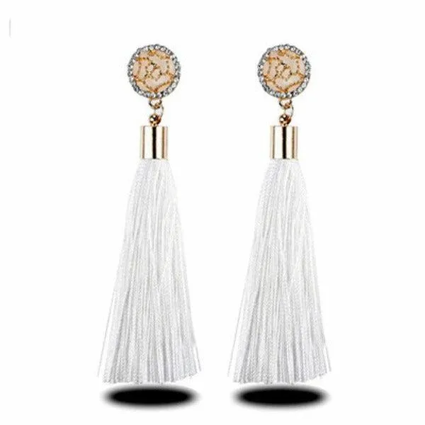 White Tassel Fringe Rhinestone Earrings