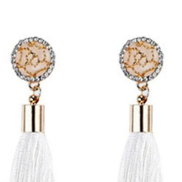 White Tassel Fringe Rhinestone Earrings