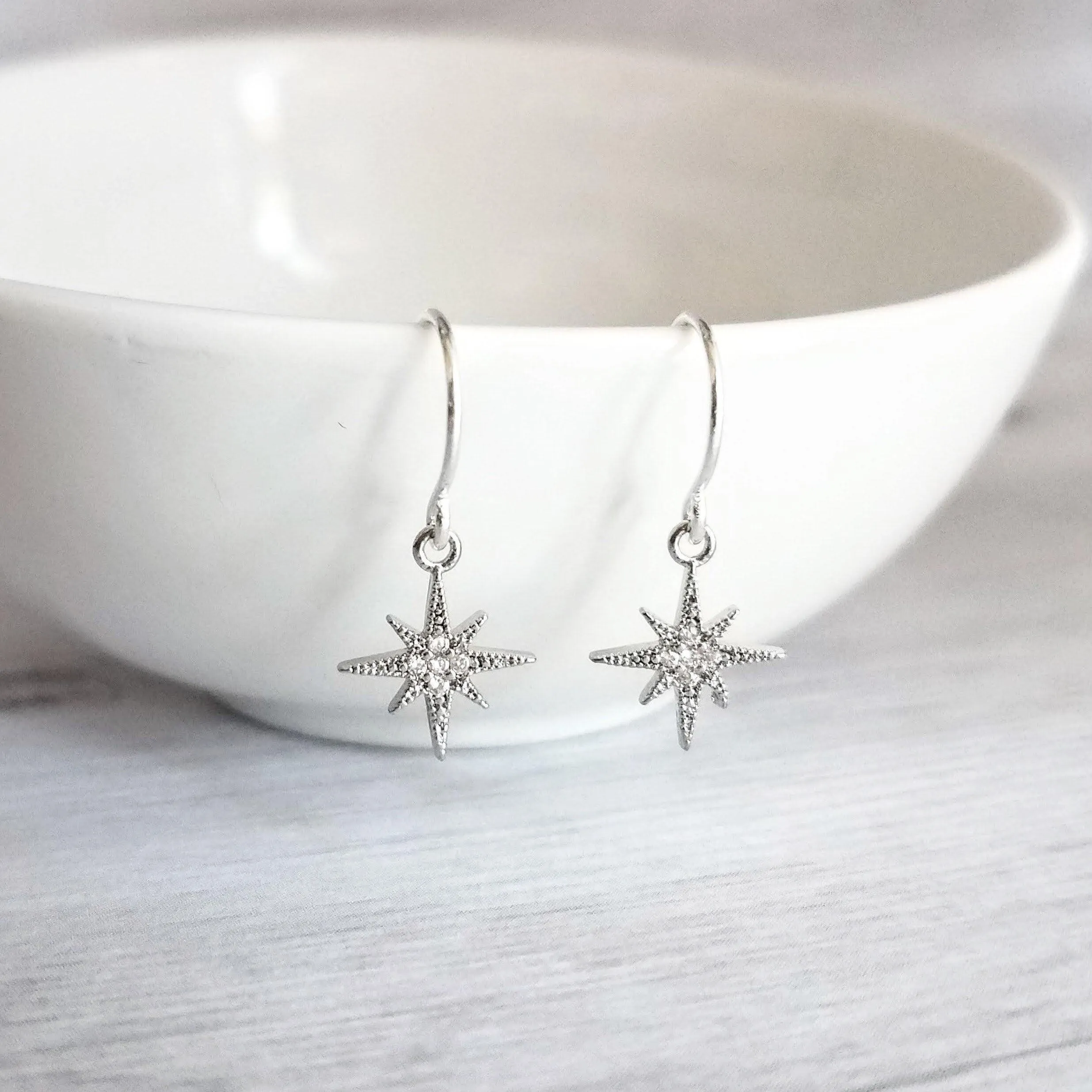 Wishing Star Earrings - North Star earring, Polaris earring, CZ earring, CZ star earring, silver star earring, cubic zirconia, star dangle