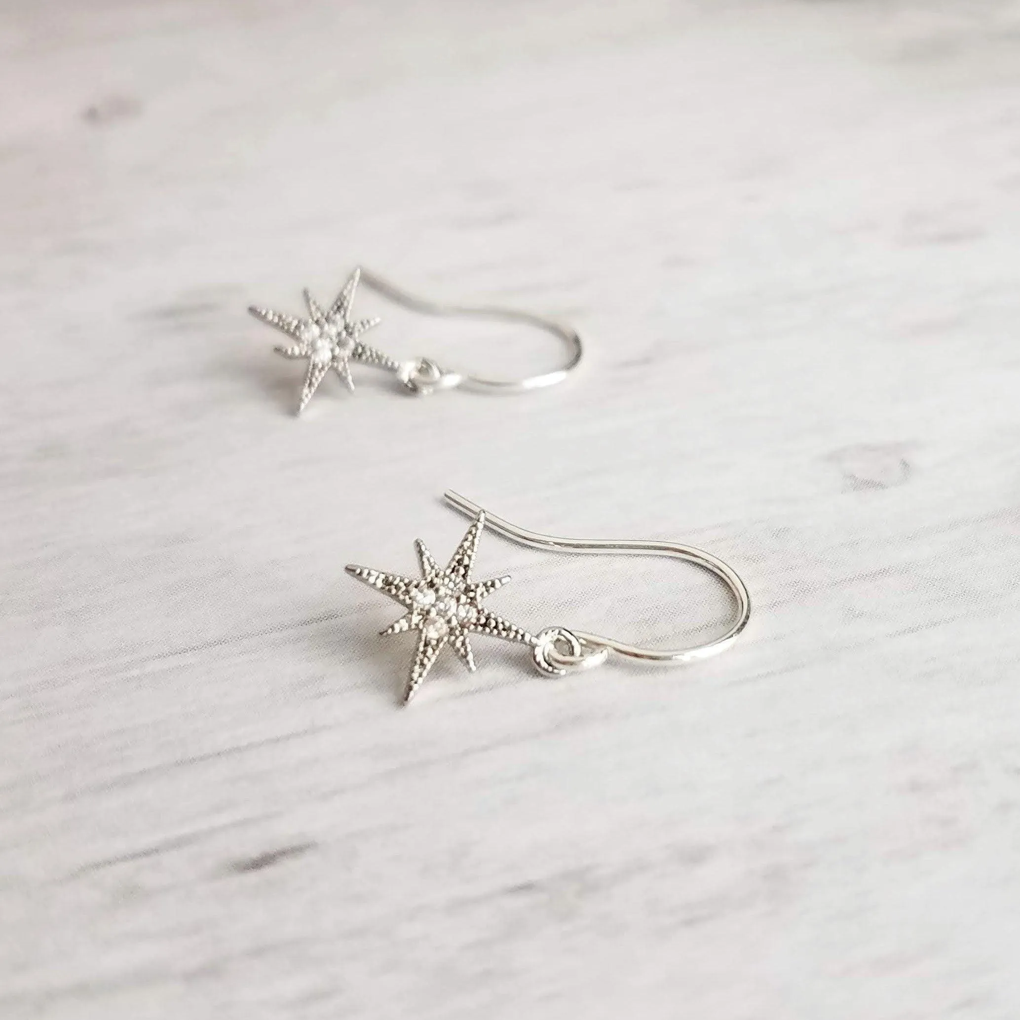 Wishing Star Earrings - North Star earring, Polaris earring, CZ earring, CZ star earring, silver star earring, cubic zirconia, star dangle