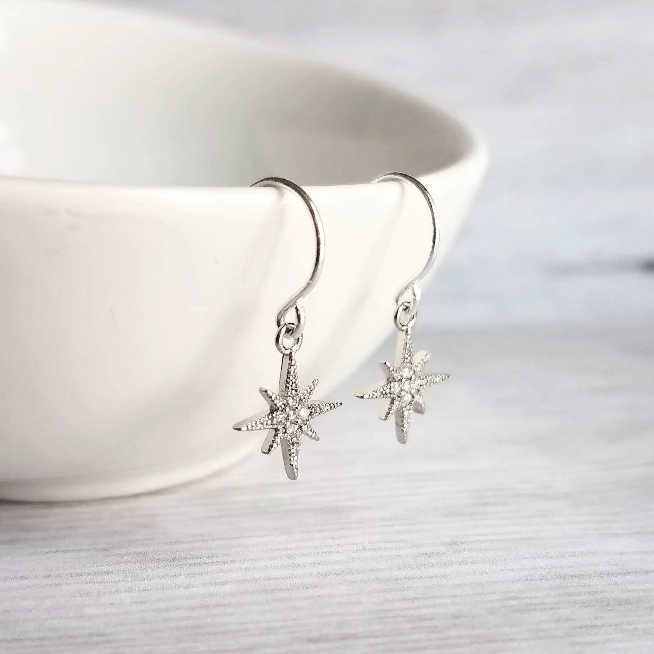 Wishing Star Earrings - North Star earring, Polaris earring, CZ earring, CZ star earring, silver star earring, cubic zirconia, star dangle