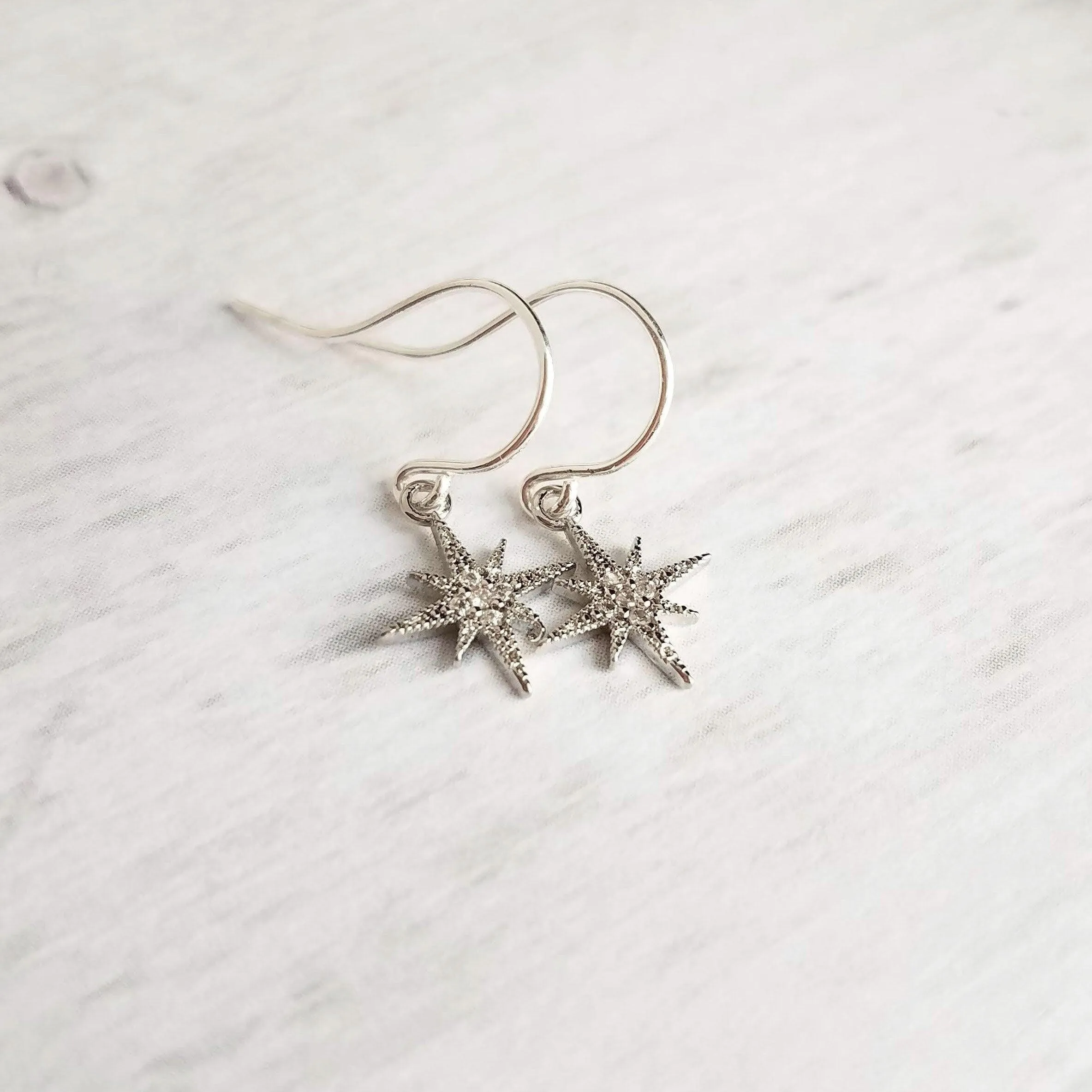 Wishing Star Earrings - North Star earring, Polaris earring, CZ earring, CZ star earring, silver star earring, cubic zirconia, star dangle
