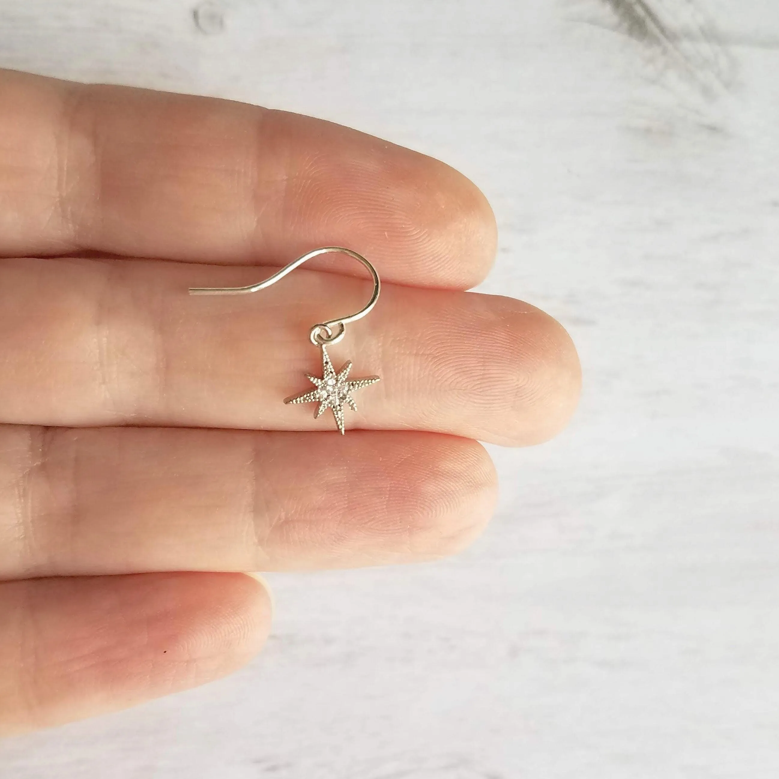 Wishing Star Earrings - North Star earring, Polaris earring, CZ earring, CZ star earring, silver star earring, cubic zirconia, star dangle
