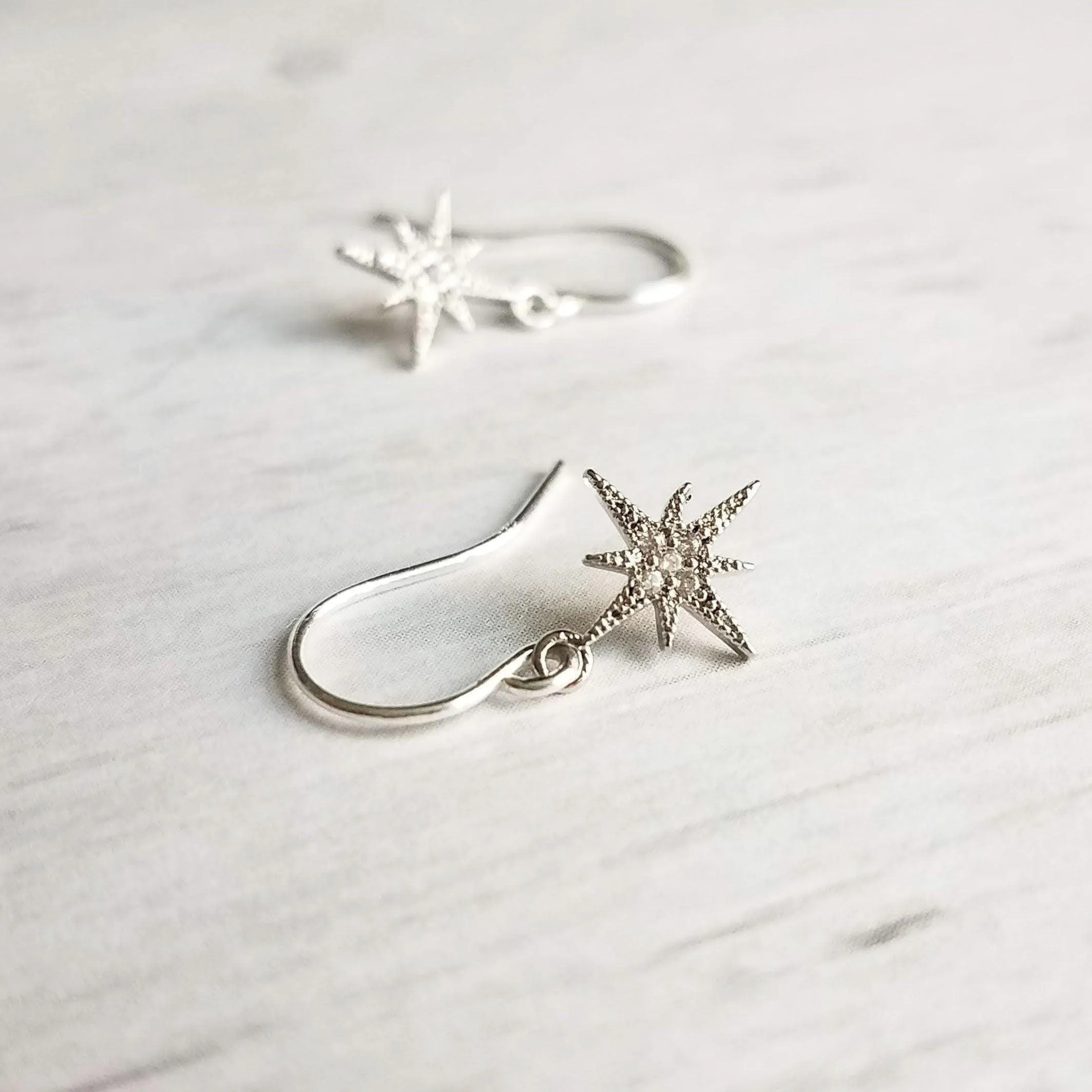 Wishing Star Earrings - North Star earring, Polaris earring, CZ earring, CZ star earring, silver star earring, cubic zirconia, star dangle