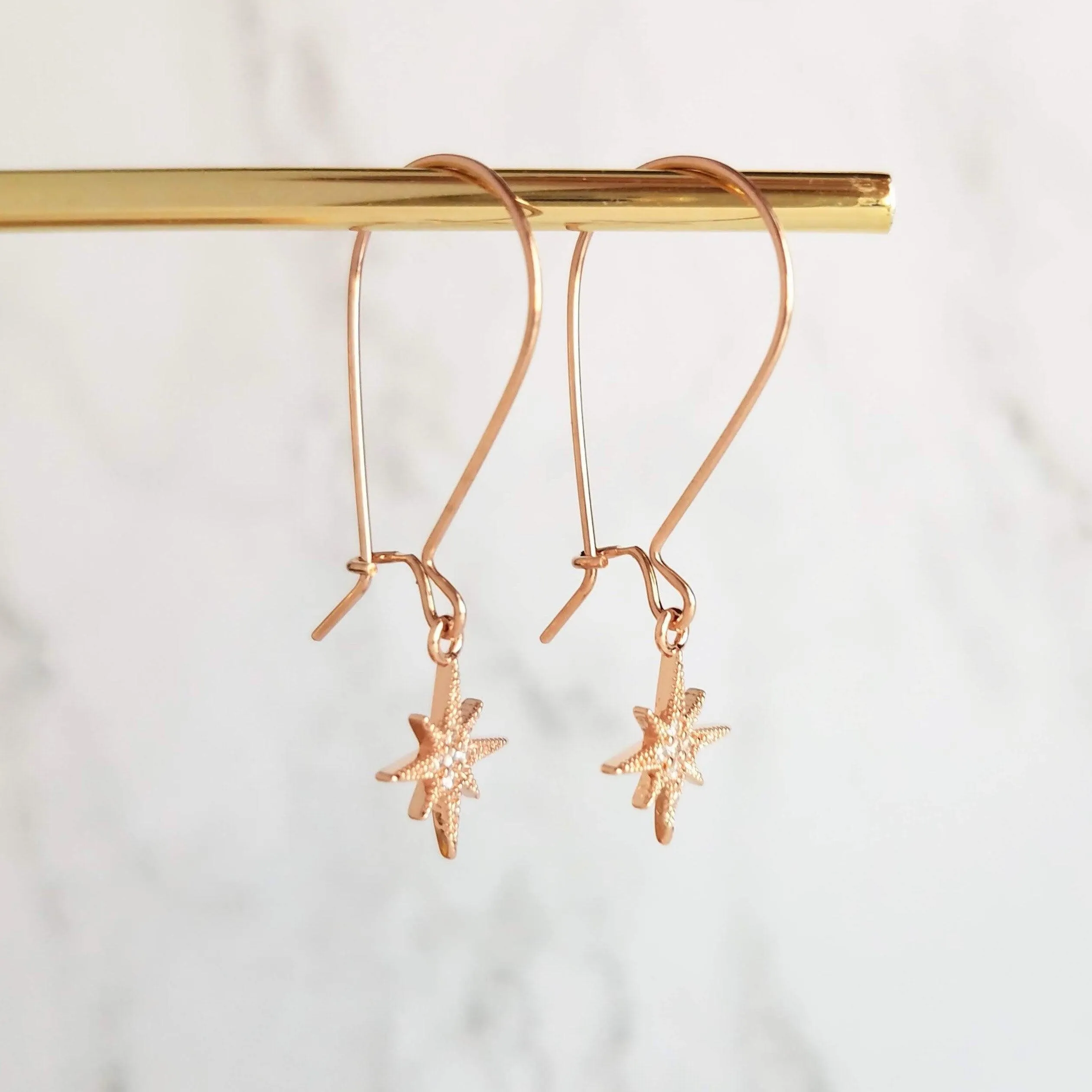 Wishing Star Earrings, rose gold dangles, delicate dangle earrings, dainty rose gold earrings, rose gold kidney hooks, celestial jewelry, Polaris charm w/ cubic zirconia, CZ star earrings