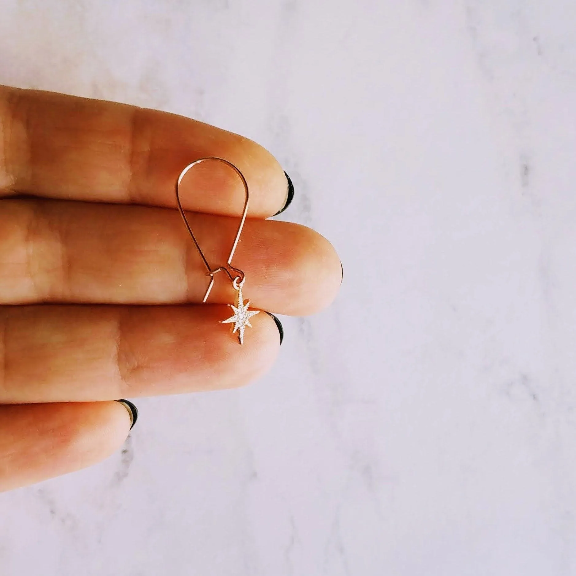 Wishing Star Earrings, rose gold dangles, delicate dangle earrings, dainty rose gold earrings, rose gold kidney hooks, celestial jewelry, Polaris charm w/ cubic zirconia, CZ star earrings