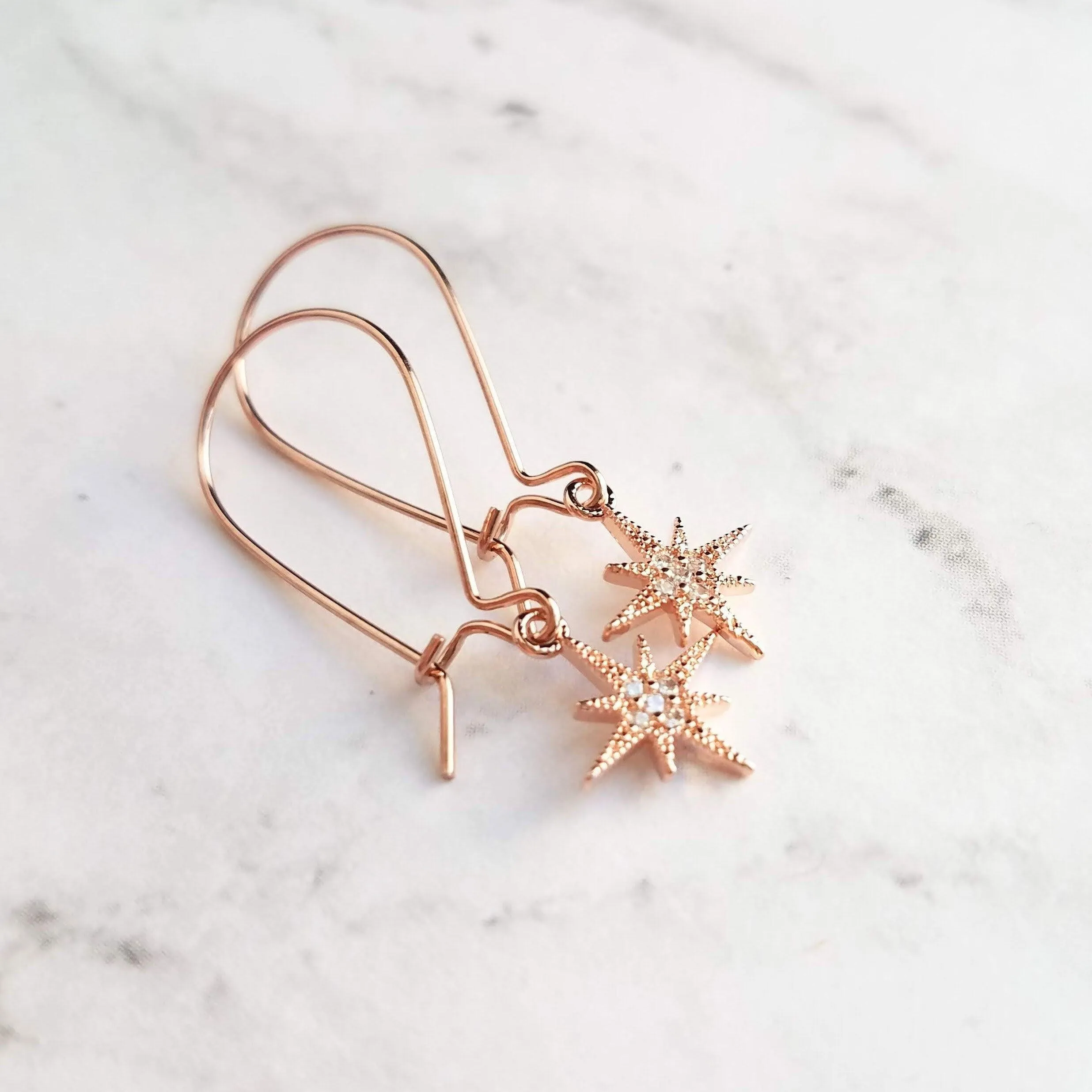 Wishing Star Earrings, rose gold dangles, delicate dangle earrings, dainty rose gold earrings, rose gold kidney hooks, celestial jewelry, Polaris charm w/ cubic zirconia, CZ star earrings