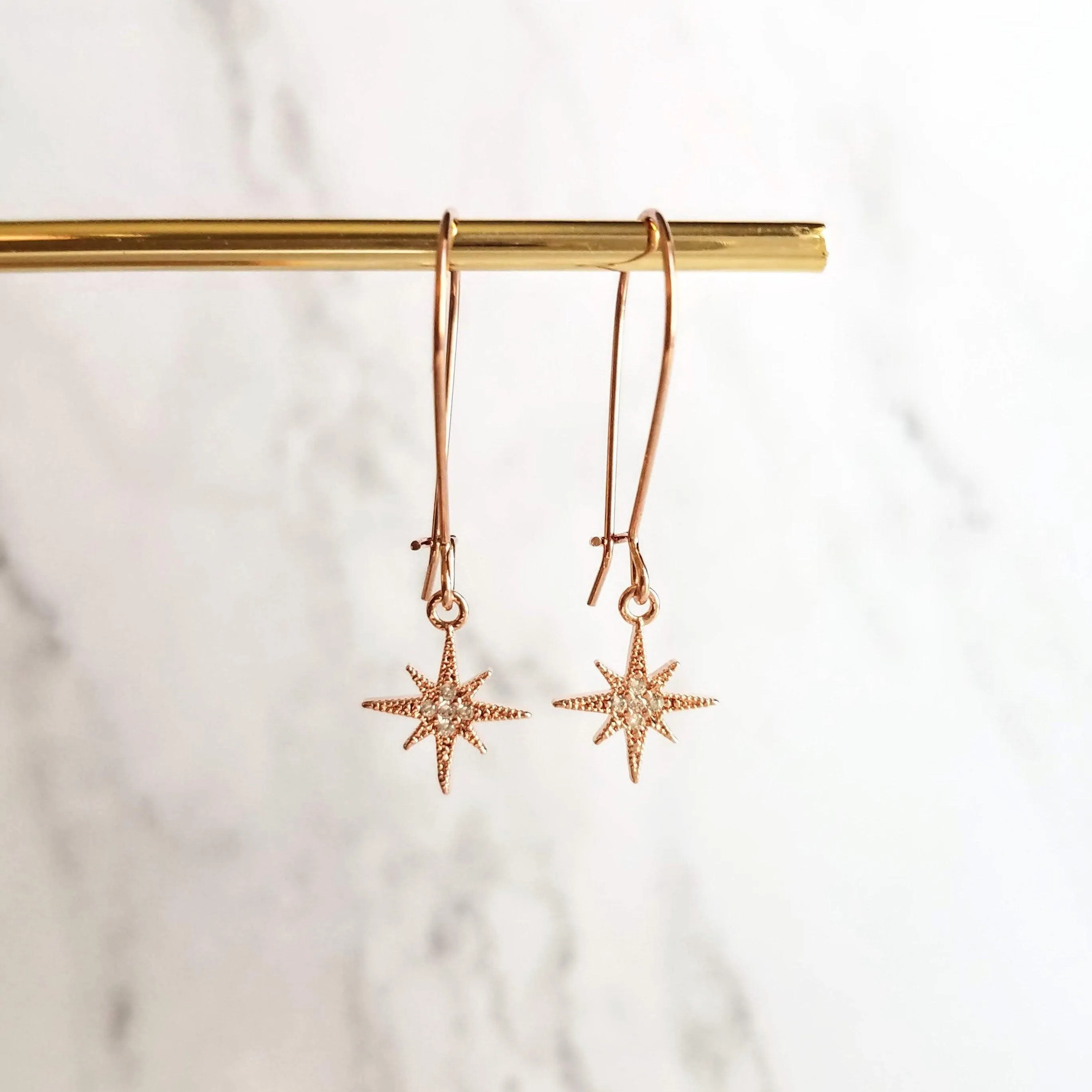 Wishing Star Earrings, rose gold dangles, delicate dangle earrings, dainty rose gold earrings, rose gold kidney hooks, celestial jewelry, Polaris charm w/ cubic zirconia, CZ star earrings