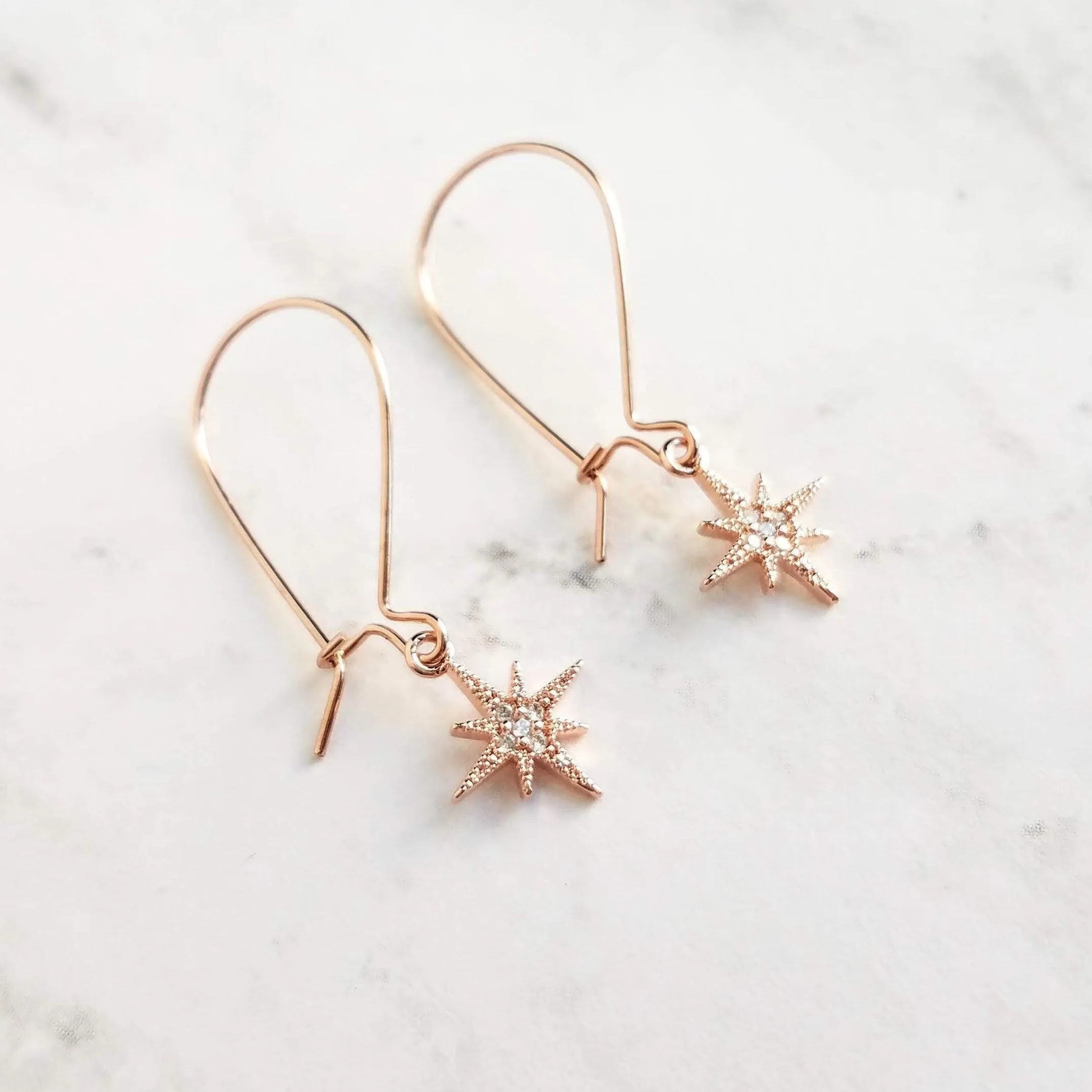 Wishing Star Earrings, rose gold dangles, delicate dangle earrings, dainty rose gold earrings, rose gold kidney hooks, celestial jewelry, Polaris charm w/ cubic zirconia, CZ star earrings
