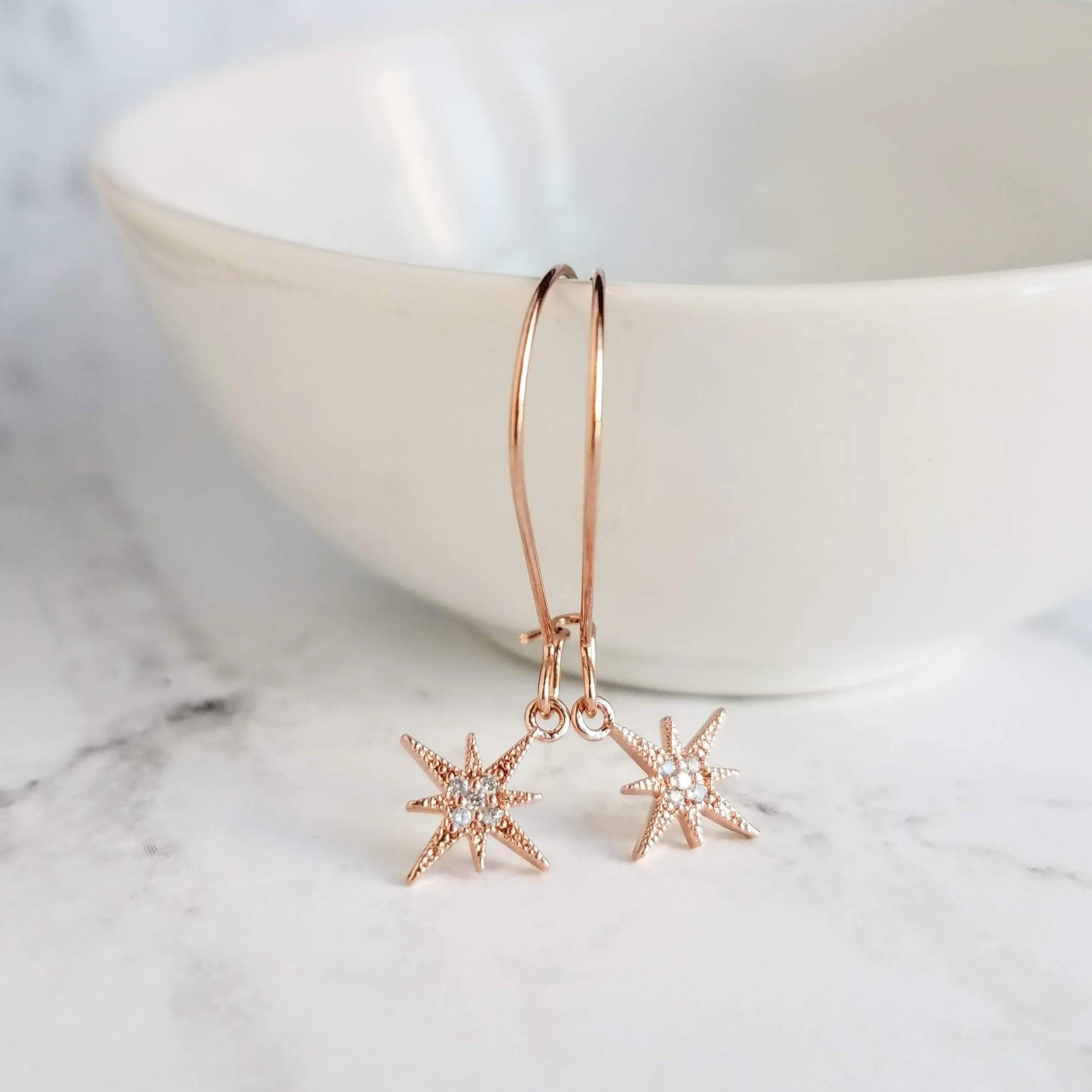 Wishing Star Earrings, rose gold dangles, delicate dangle earrings, dainty rose gold earrings, rose gold kidney hooks, celestial jewelry, Polaris charm w/ cubic zirconia, CZ star earrings